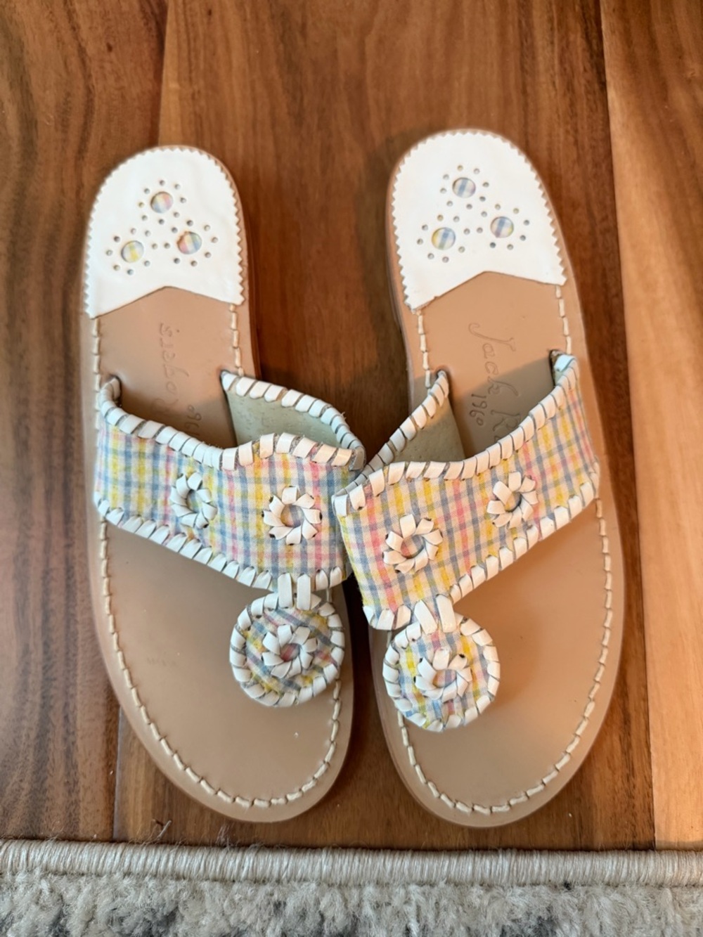 Jack Rogers Pastel Plaid Leather-Trimmed Thong Sandals